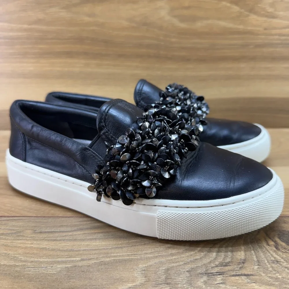 Tory Burch Logan Embellished Slip On 5 M Black Leather Beaded Pewter Casual Walk